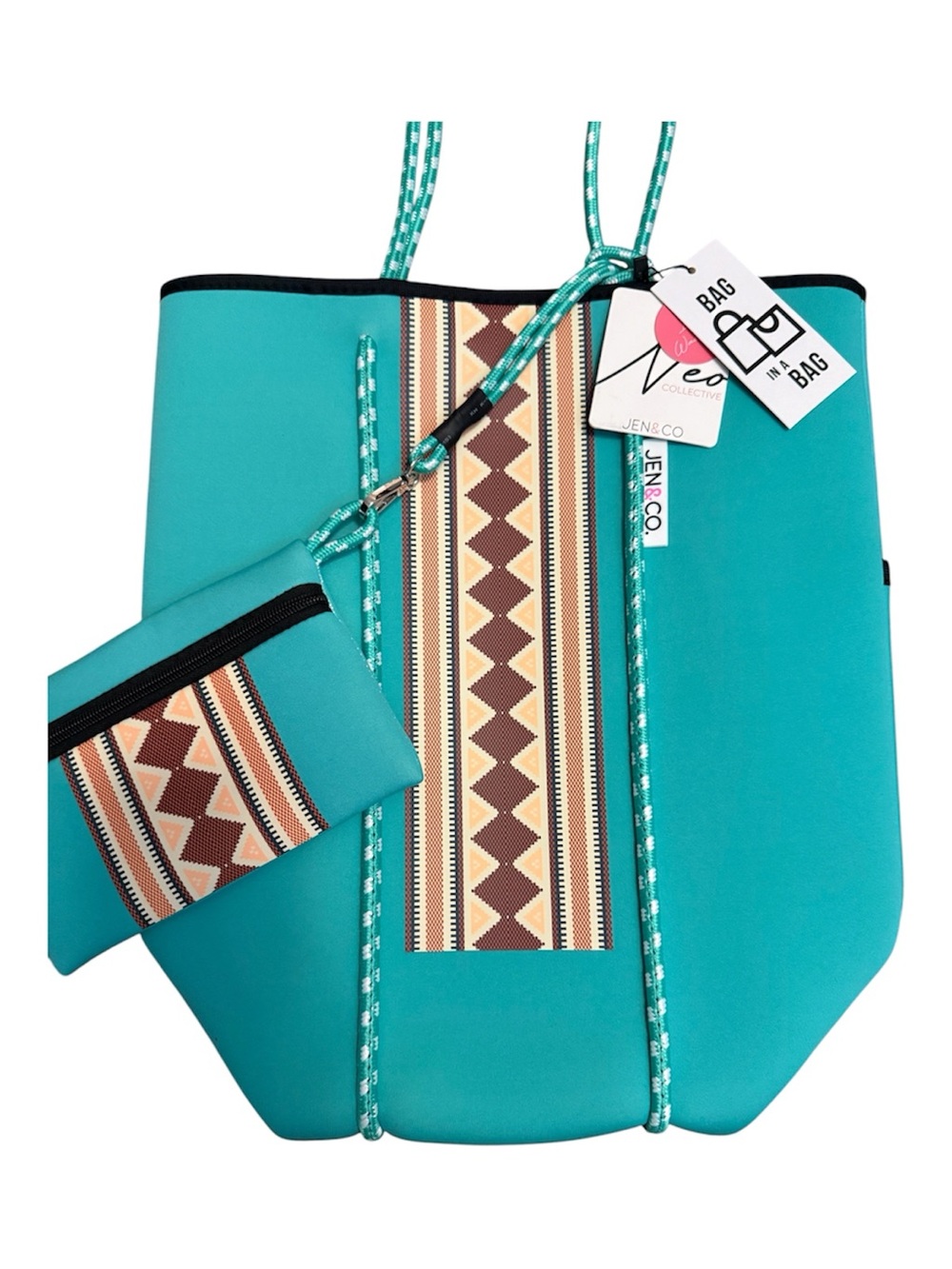 JEN & CO Teal Aztec-Trim Tote with Matching Pouch